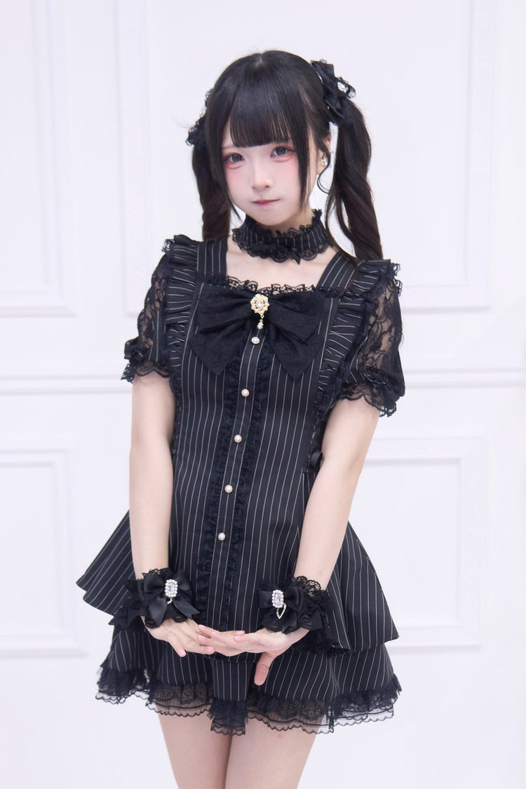 Waltz Stripe Bow Gothic Short-Sleeve Jirai Kei Dress Set - Black
