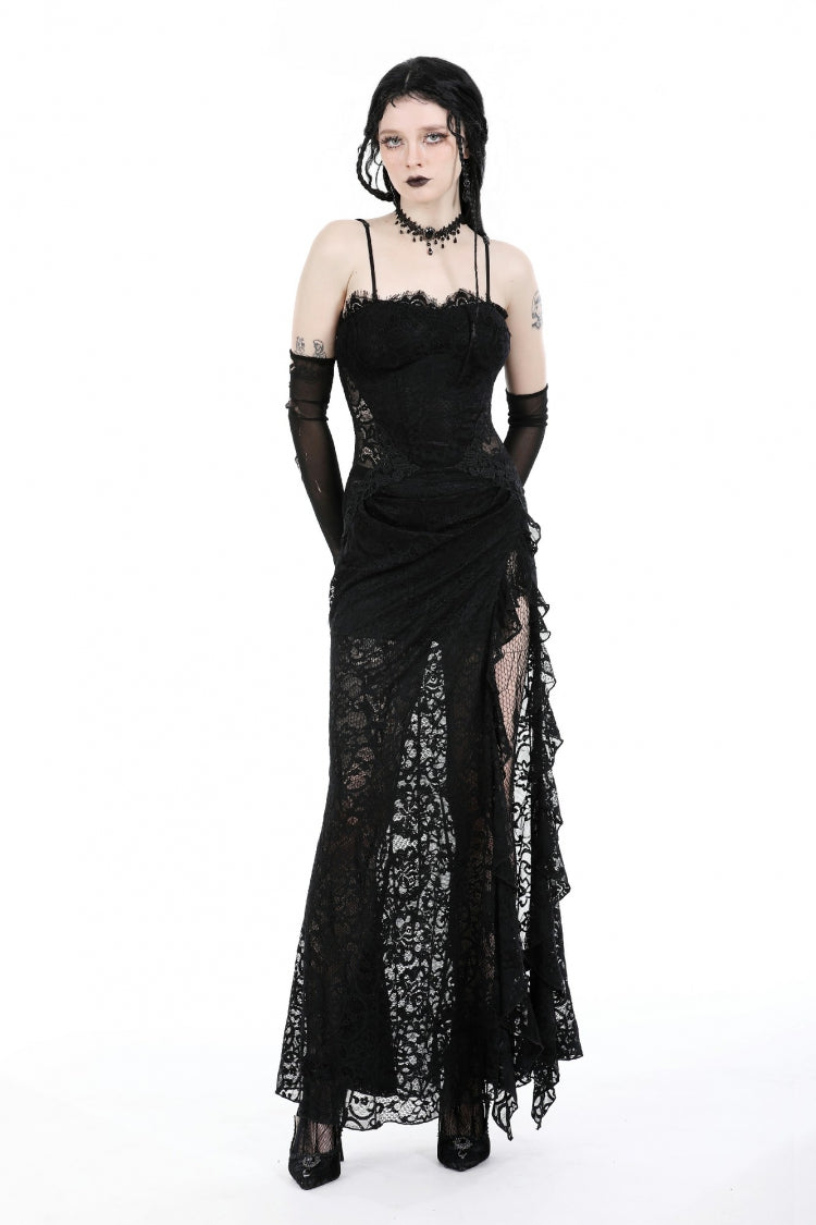 Sleeveless Side Slit Ruffled Lace Lace-Up Gothic Maxi Slip Wedding Dress