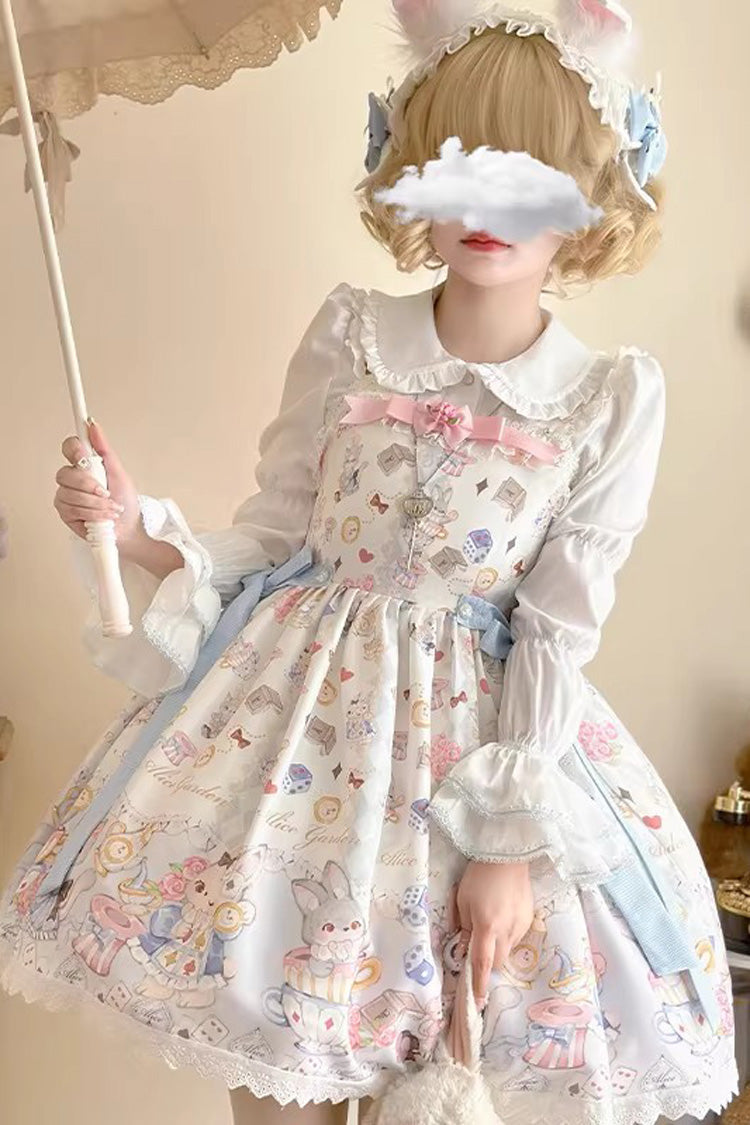 Ivory Sleeveless Print Ruffled Bow Princess Lolita Strap Set