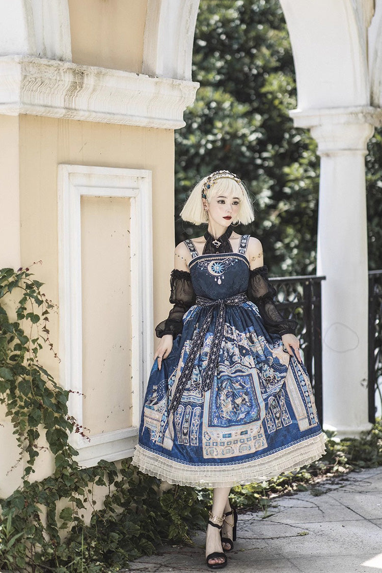 Gothic Lolita Dress with Egyptian Print, Ruffles, Dusk Style