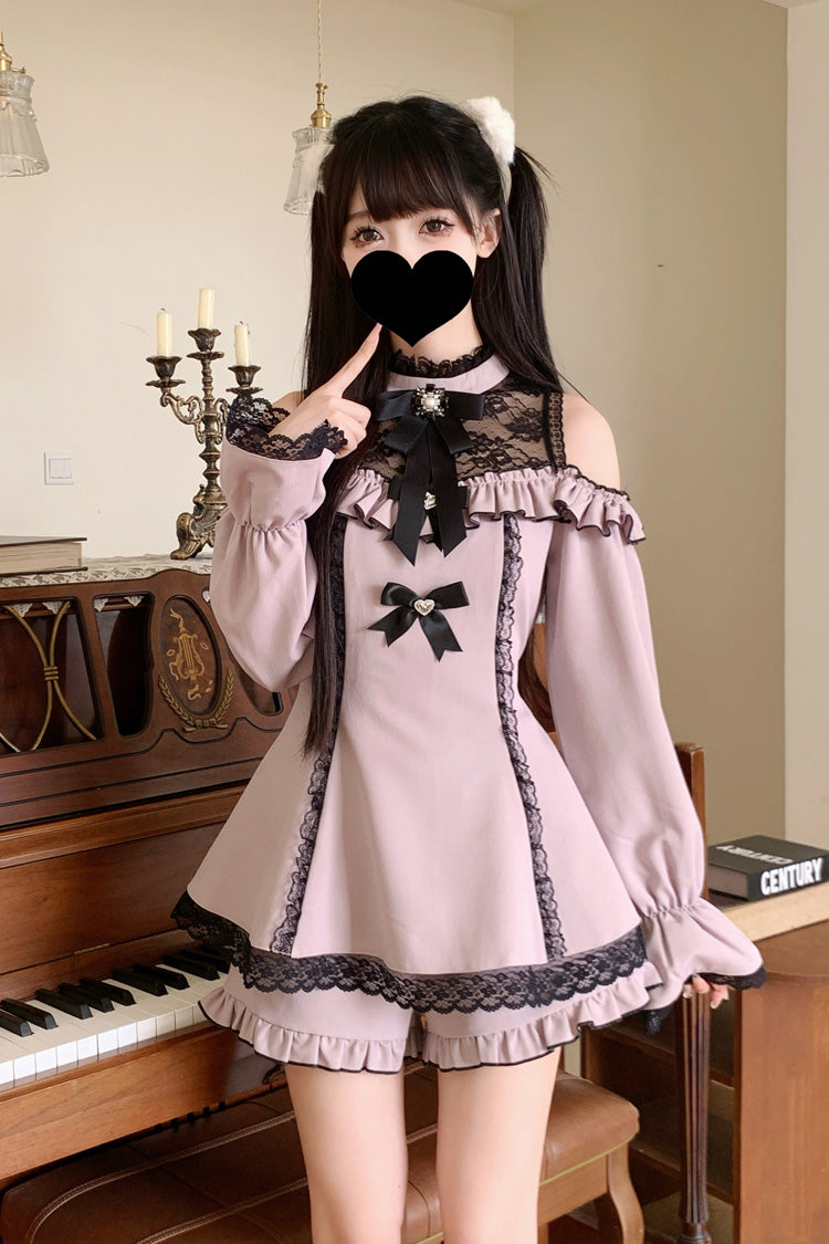 Halterneck Ruffle Bow Dress & Shorts - Jirai Kei Ensemble