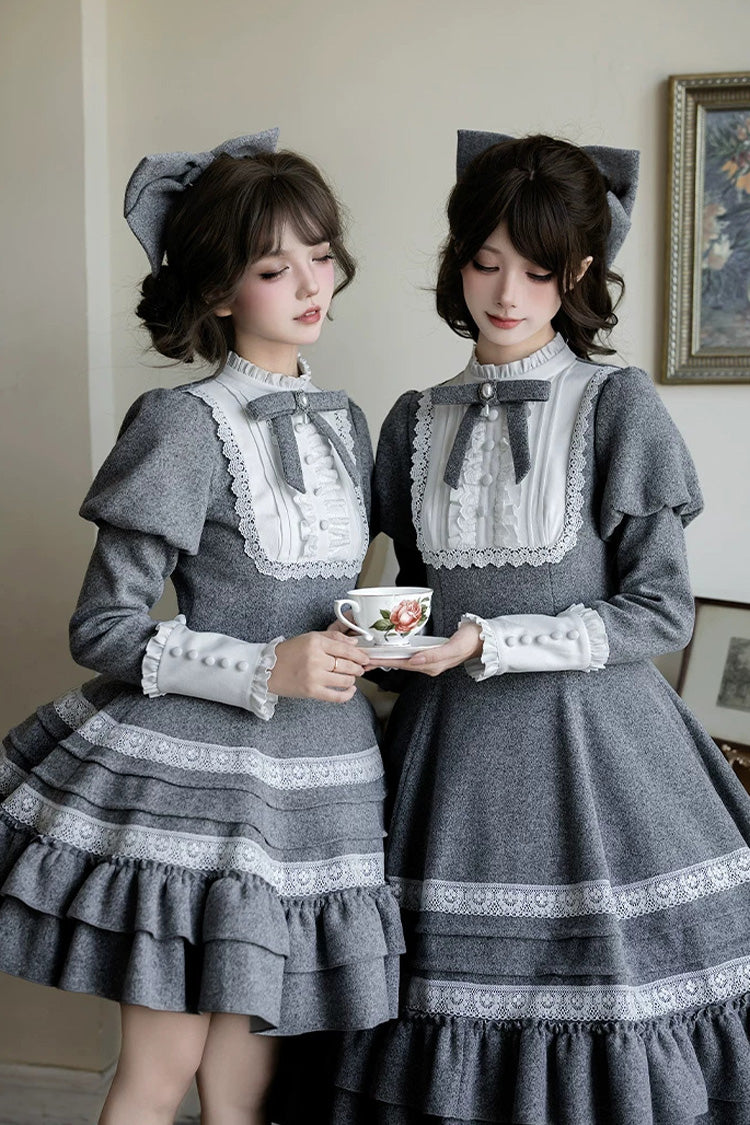 Classic Elegant Lolita Dress with Stand Collar and Ruffled Bow - Grey