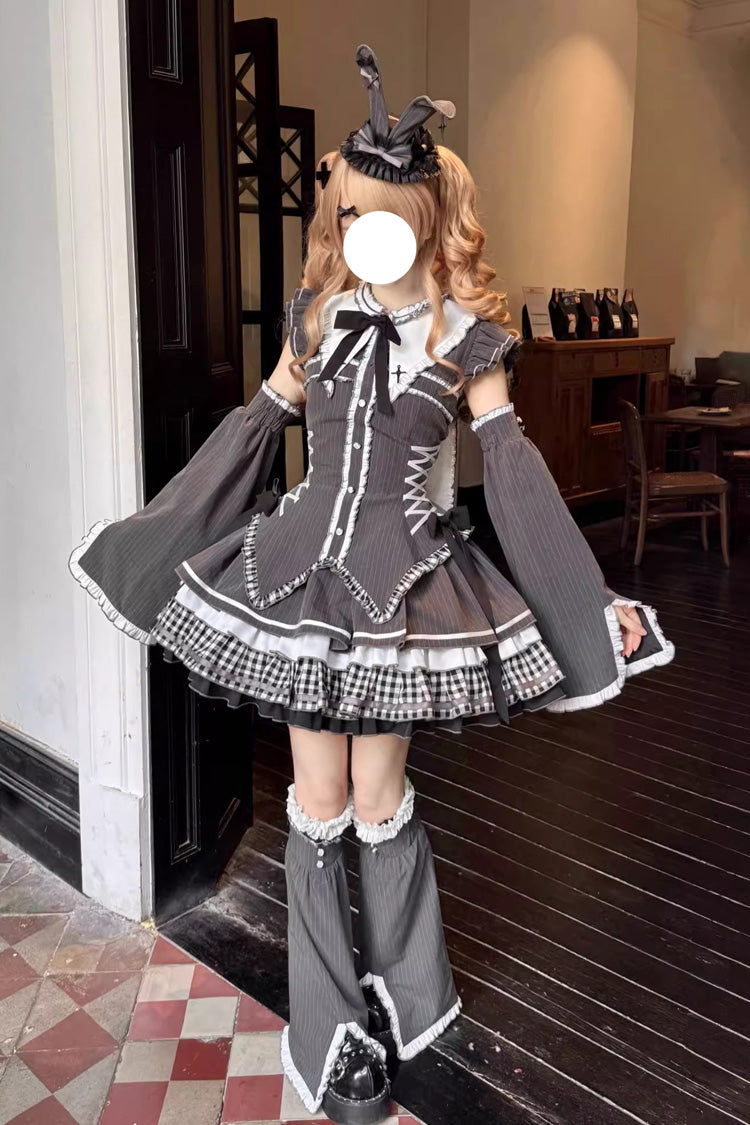 Detachable Hime Sleeve Printed Ruffled Bow Lace-Up Gothic Lolita Set