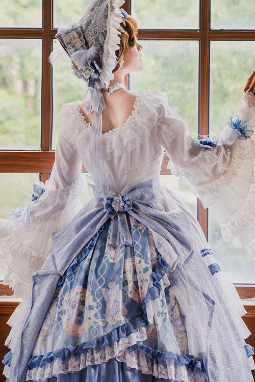 Cerulean and Ivory Embroidered Floral Hanayome Long Sleeve Multi-Layer Ruffled Sweet Lolita OP Dress