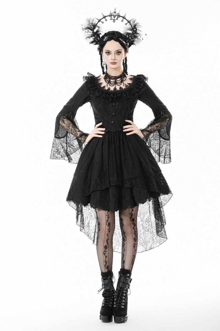 Gothic Black Lace Boat-Neck Trumpet-Sleeve High-Low Hem Elegant Long Gown