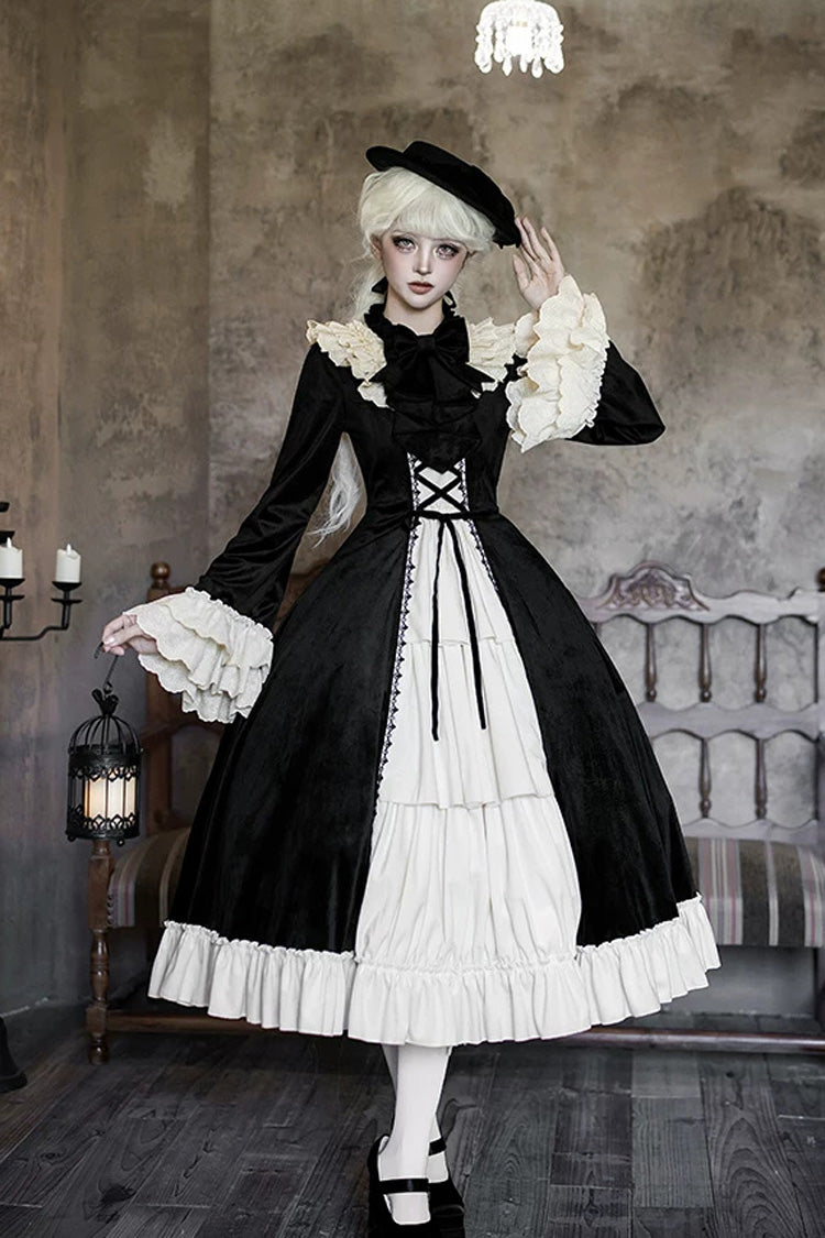 Gothic Lolita Dress with Ruffled Open-Front Bow and Lace-Up - Black