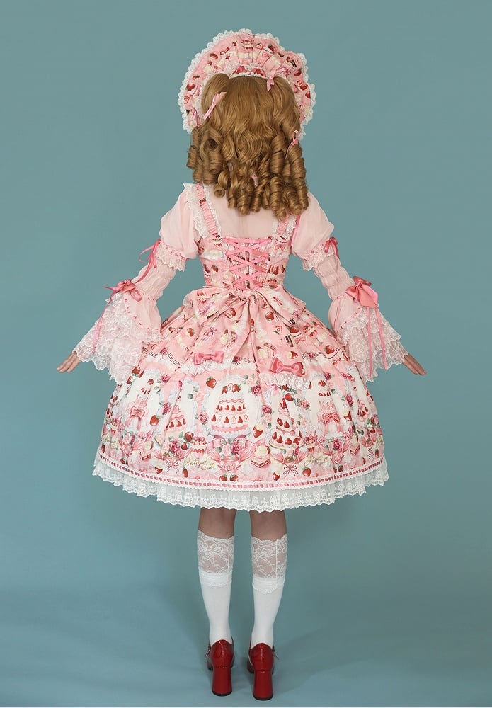 JSK Set Full Accents Print Pink Desserts Lolita Bow Sweet and / Strawberry