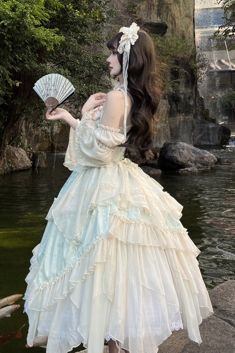 Green Tea Bamboo Song Sleeveless Jacquard Ruffle Bow Lace Chinese Ballet Jsk Dress