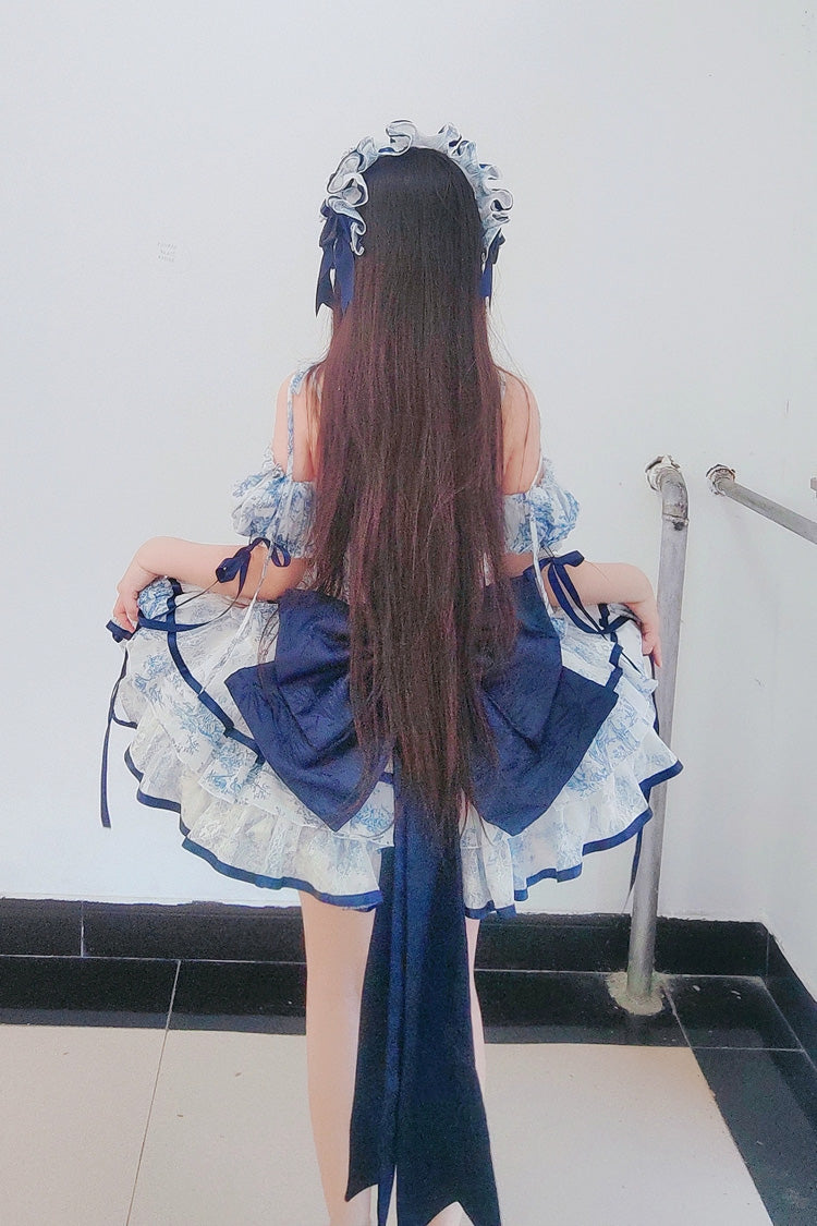 Cerulean and Ivory Sleeveless Multi-Layer Bow Print Chinese Classic Sweet Lolita JSK Short Dress