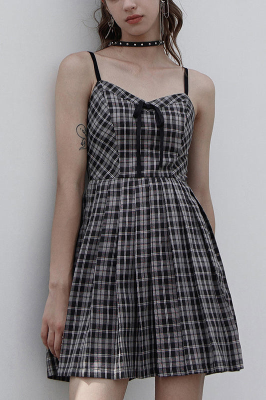 Plaid Front Chest Bow Decoration Punk Slip Dress - White/Black