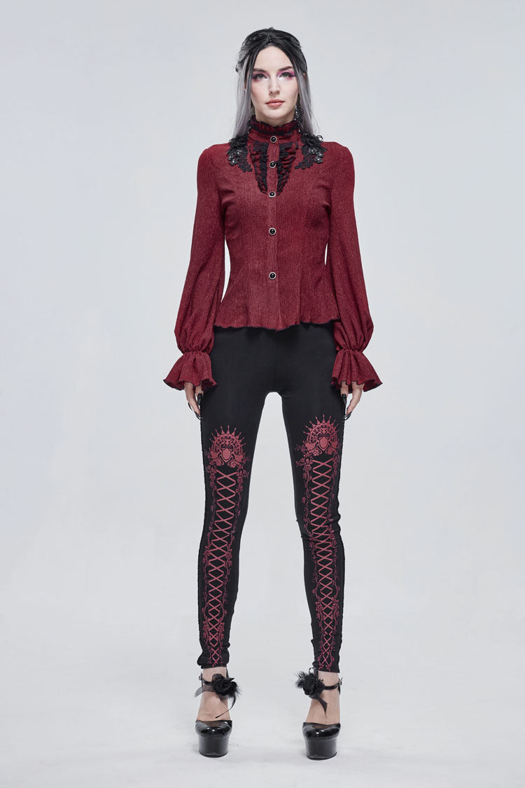 Crimson High Neck 3D Embroidered Lantern Trumpet Gothic Shirt
