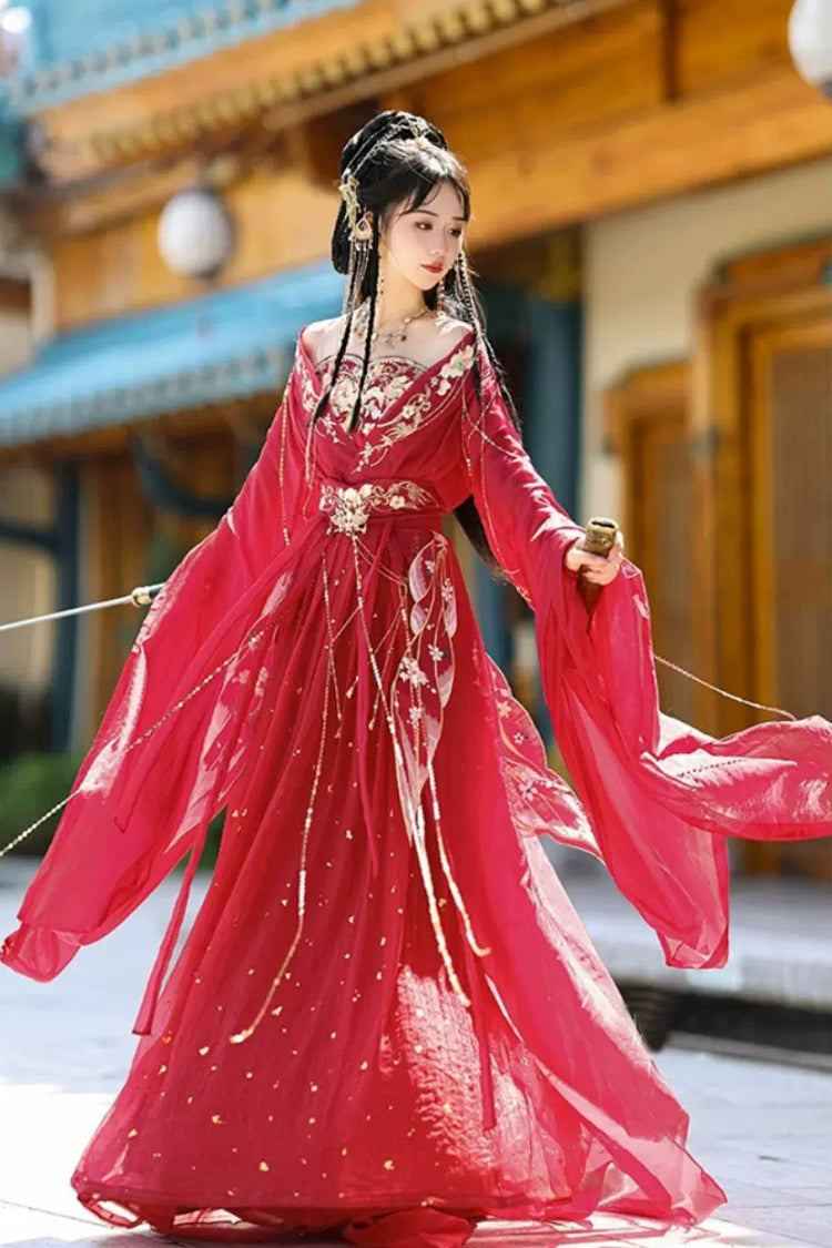 Crimson Classic Hanfu Ensemble with Hot Stamping Embroidery