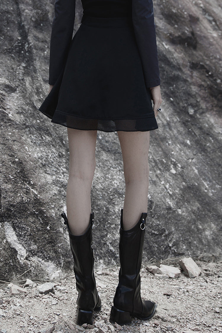 Punk Skirt with Plaid Mesh Stitching V-Shape Sun Hem Design