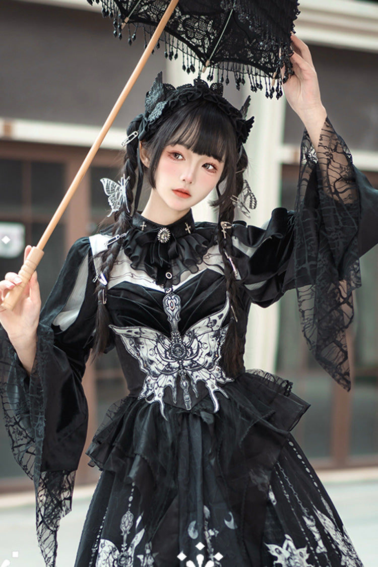 Black Feast of Bones Printed Ruffled Bow Lace Gothic Elegant Long Dress