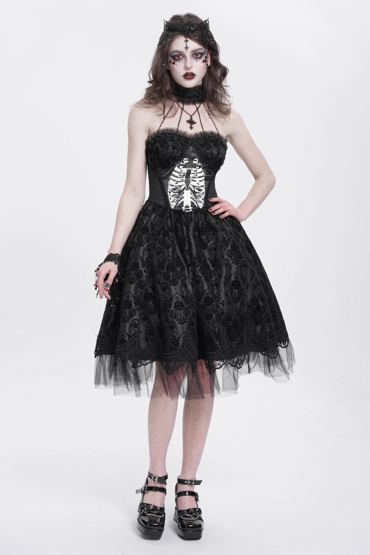 Unique Black Skeleton Print Embroidered Lace Stitching Halter Gothic Gown
