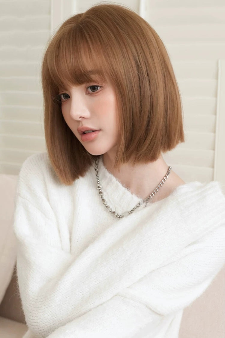 Japanese-Style Roasted Brown Short Wig with Full Bangs for Sweet Lolita