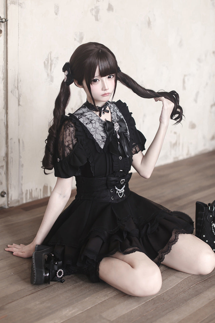 Onyx Collar Short-Sleeve Double Ruffle Cut-Out Set - Dreamy Love Ballad