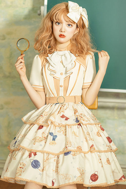 Multicolor Bunny Astronaut Print Short Sleeve 3-Tier Sweet Lolita OP Dress - Altfashion Shop