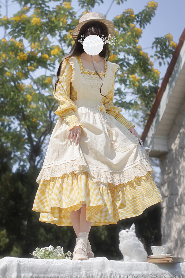 Yellow Long Sleeve Print Dress with Lace-Up and Ruffles