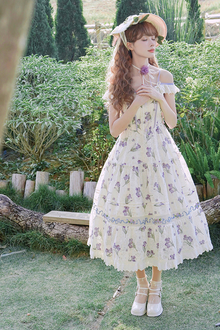 Cream Moonlight Iris Off-Shoulder Print Embroidery Lace Frilled Sweet Lolita JSK Dress
