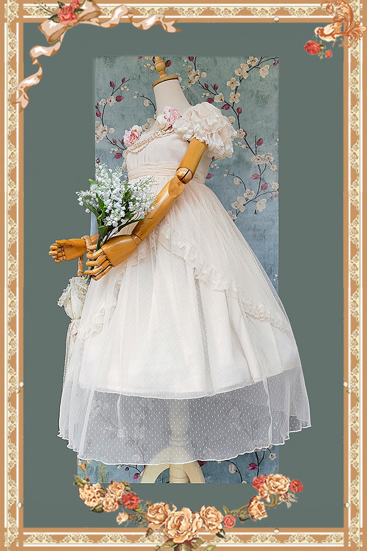 Apricot Elegant Lolita Dress with Polka Dot Print Ruffles Bowknot and Asymmetric Sweet Style