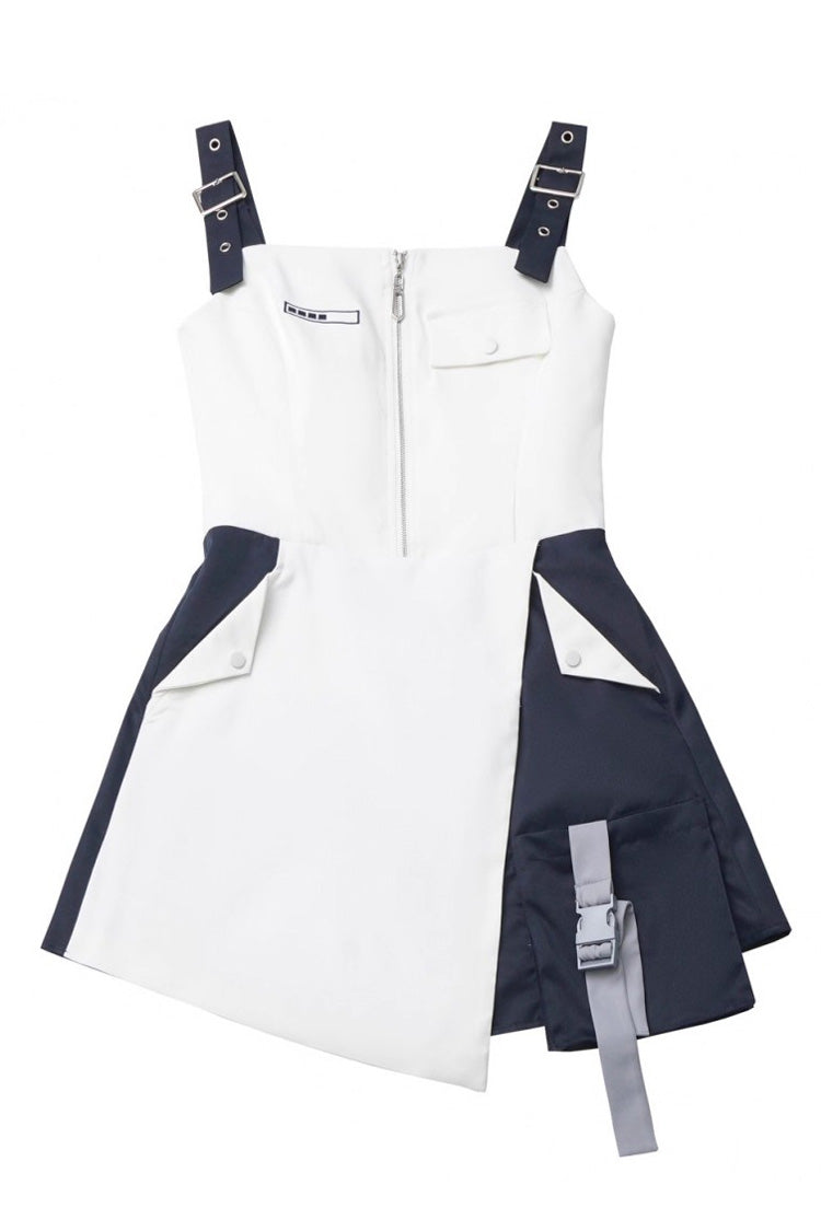 Blue/White Message Overload Techwear Long Sleeves Embroidered Asymmetric Zippered Jirai Kei Dress & Coat Set