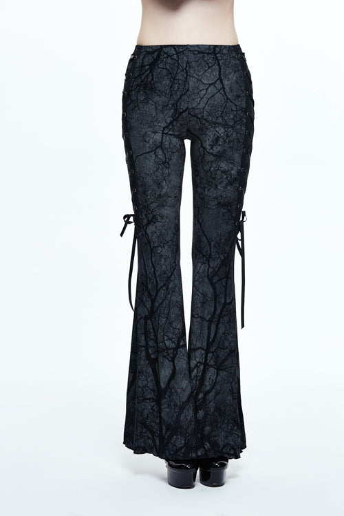 Gothic Bellbottom Pants with Branch Printing and Forest Motif