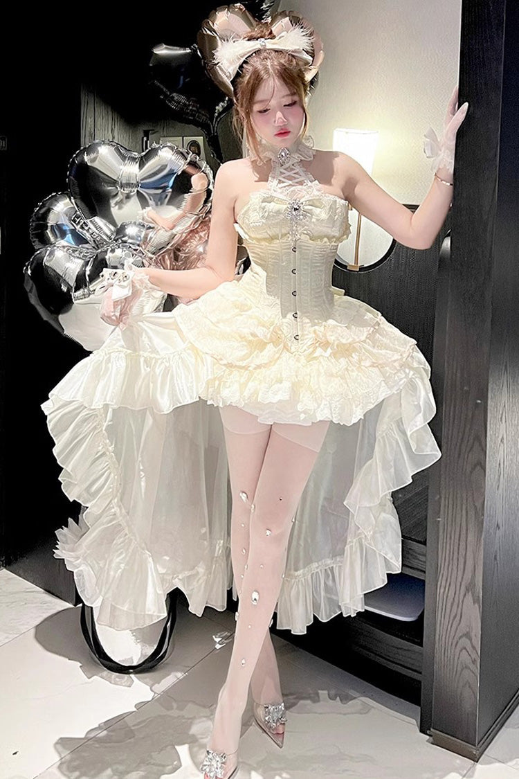 Ivory Halter Ruffled Bow Lace Princess Lolita Gown
