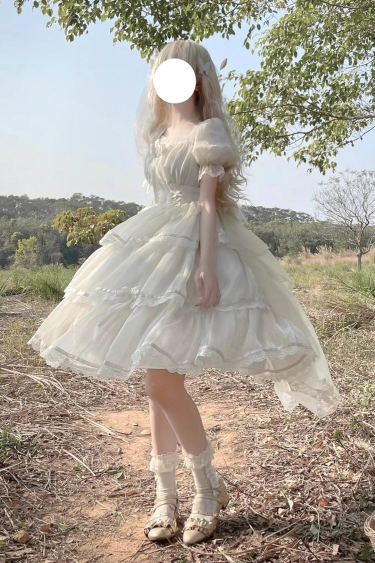 Ivory Square Neck Short Sleeve High-Waist Multi-Layer Ruffle Plus Size Lolita Dress