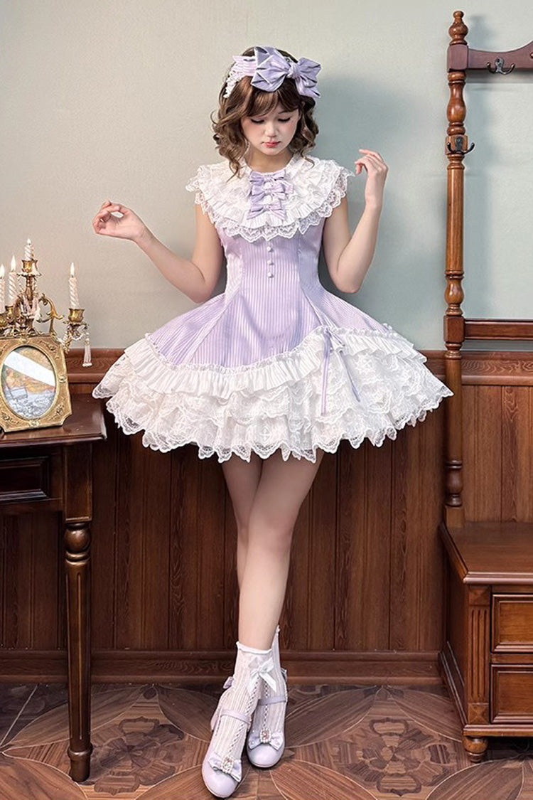 Violet Miss Tsundere Sleeveless Asymmetric Ruffled Bow Lace Princess Dress