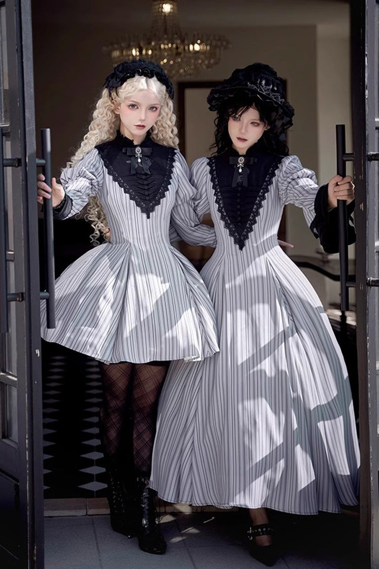 Grey Vertical-Stripe Bow Lace Gothic Gown