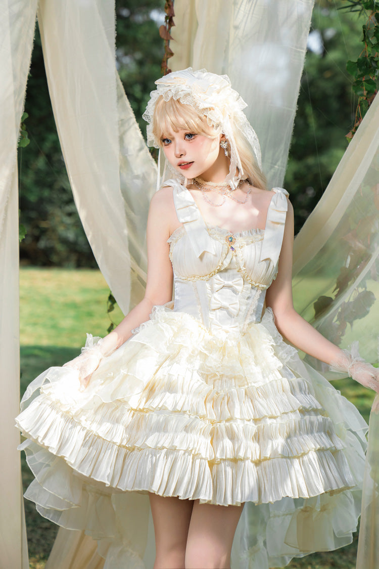Princess Apricot Sleeveless Layered Ruffle Bow Sweet Lolita JSK Dress Set