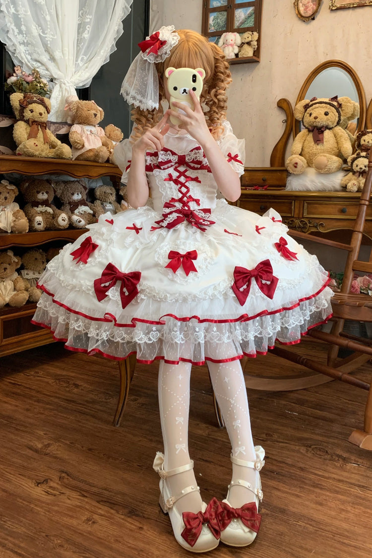 Ivory and Scarlet Heart Sleeveless Layered Embroidered Bow Lace-Up Sweet Lolita JSK