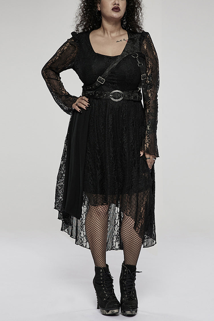 Modal Cotton Lace Patchwork Belted Long Sleeve Gothic Dress