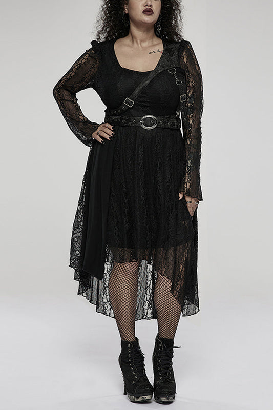 Modal Cotton Lace Patchwork Belted Long Sleeve Gothic Dress