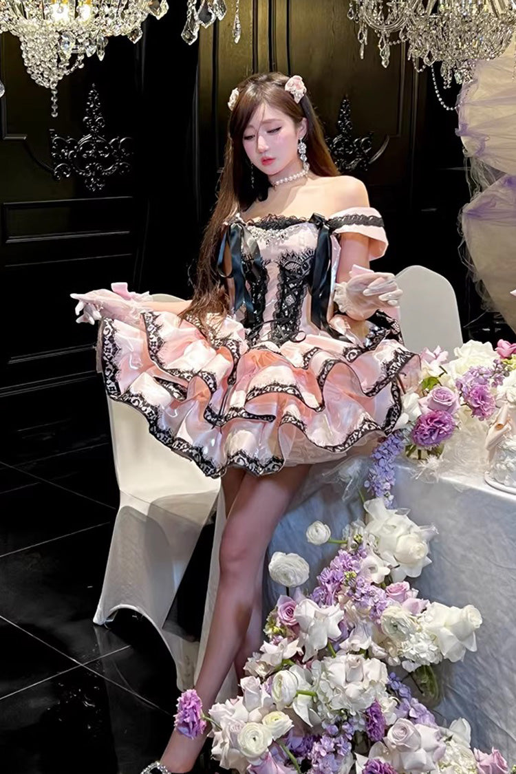 Sweet Lolita JSK Dress with Ruffled Lace and Lace-Up Back - Pink