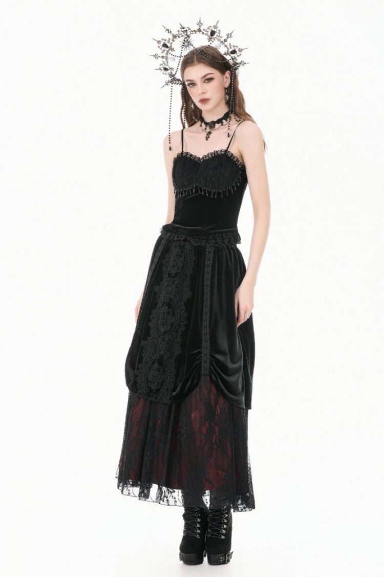 Gothic Vintage Velvet Black Lace Mesh Bustier with Beaded Tassel Drops
