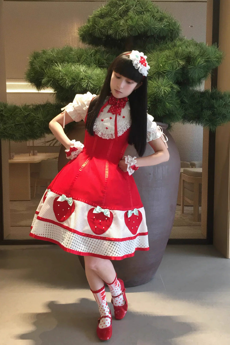 Sweet Lolita Dress with Stand Collar and Bow - Miss Peculiar Strawberry, 2 Shades