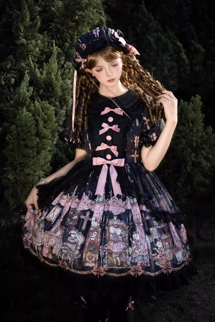 Black Missing Lamb Printed Long Sleeved Ruffled Bow Lace Gothic Lolita Dress