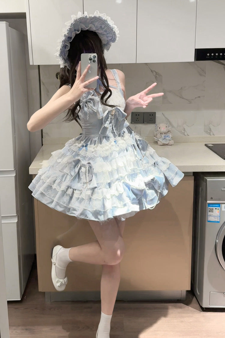 Blue Sweet Gorgeous Lolita JSK Dress with Multi-Layered Ruffle and Bowknot