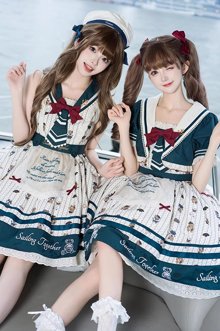Bear Print Navy Ruffle Bow Princess JSK Dress in Blue White