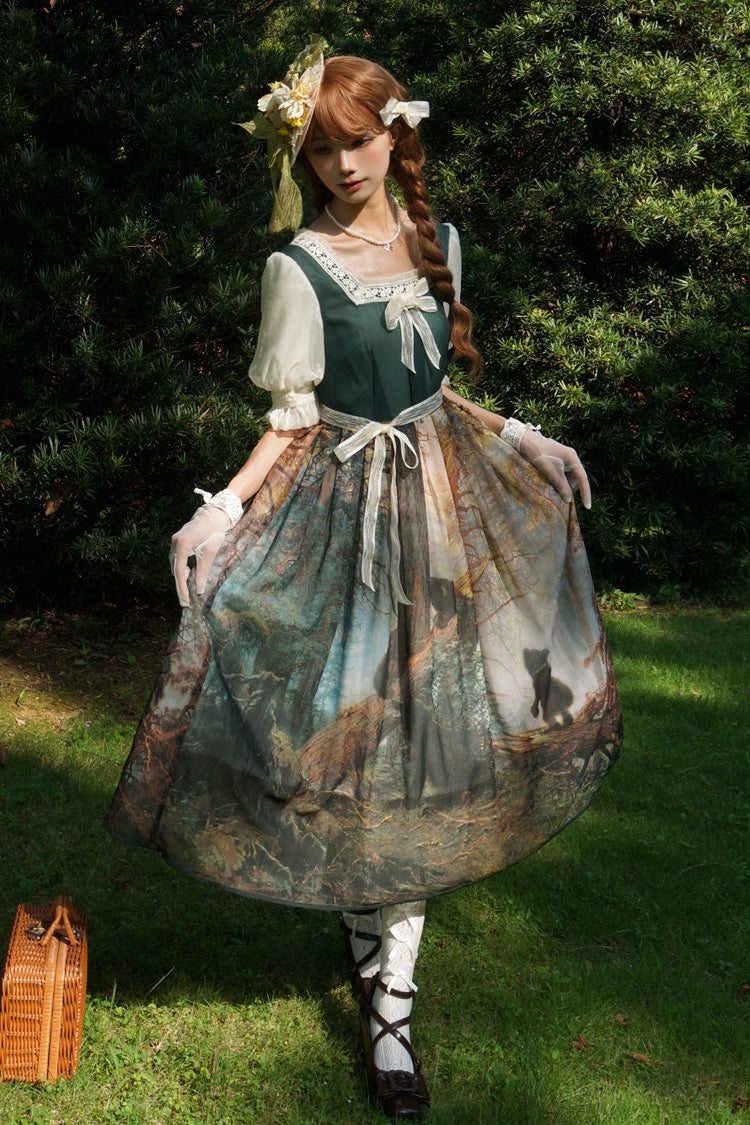 Oil Painting Square-Collar Lolita Dress with Tie-Dye Print