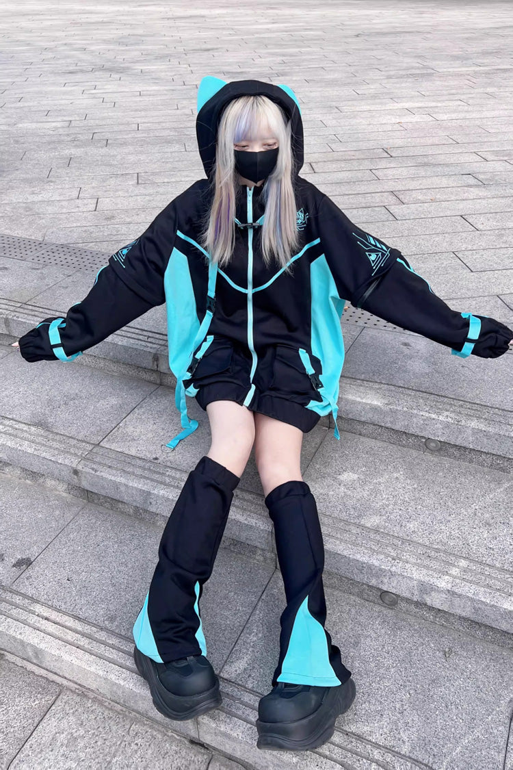 Black/Blue Cyberpunk Hooded Print Jirai Kei Sports Coat