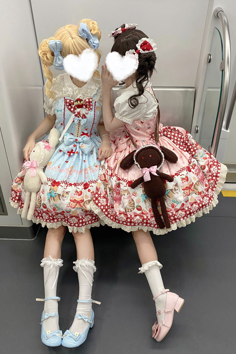 Sleeveless Bow Lace Sweet Lolita Strap Dress with Print - Strawberry Cake Kitty