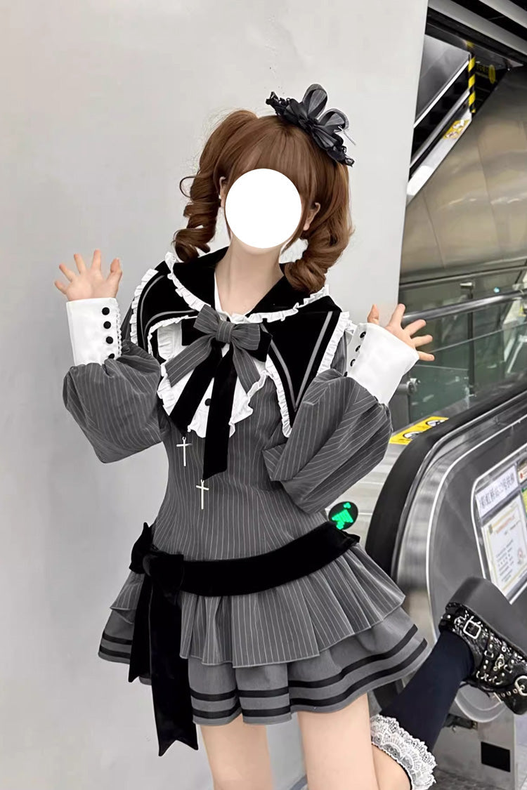 Navy Collar Long-Sleeved Printed Ruffled Bow Gothic Lolita Dress