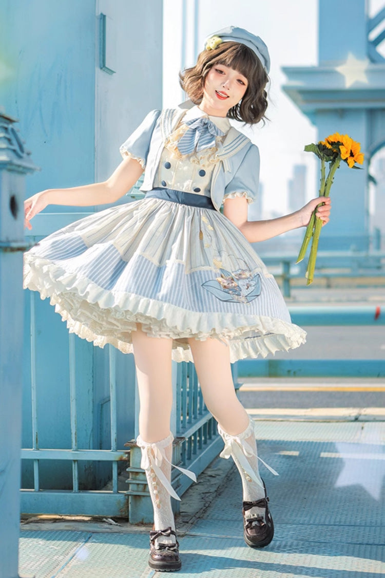 Blue Ivory Star Printed Sleeveless Sweet Lolita Dress - Navy Style