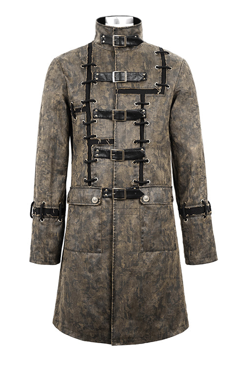 Cocoa Steampunk Patch Long Leather Overcoat for Men