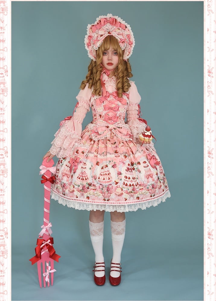JSK Set Full Accents Print Pink Desserts Lolita Bow Sweet and / Strawberry