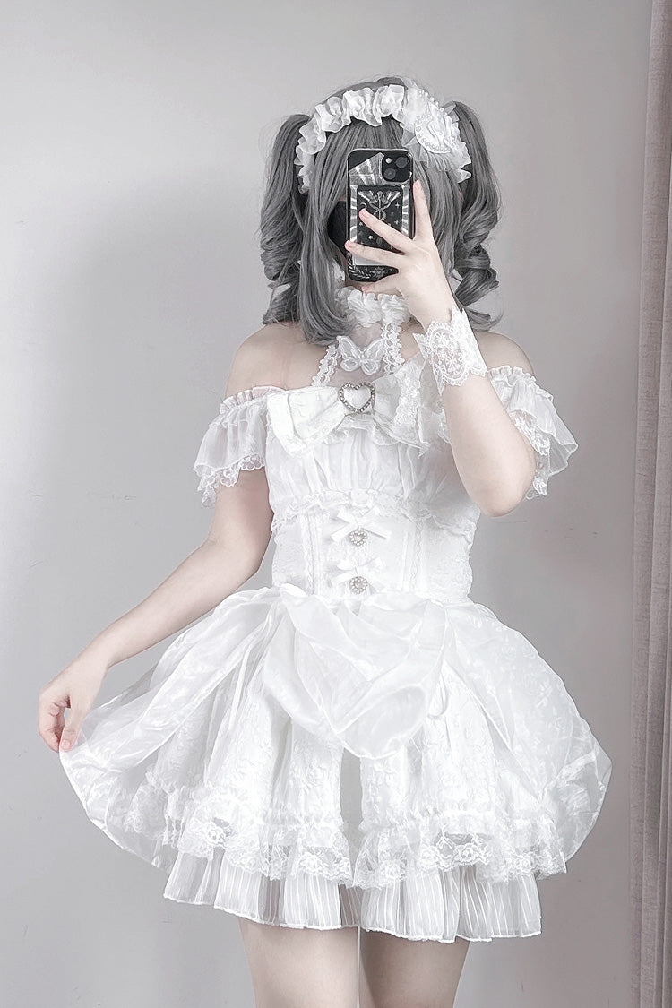 Ivory Halterneck Print Gothic Dress with Ruffles - Rose Dream
