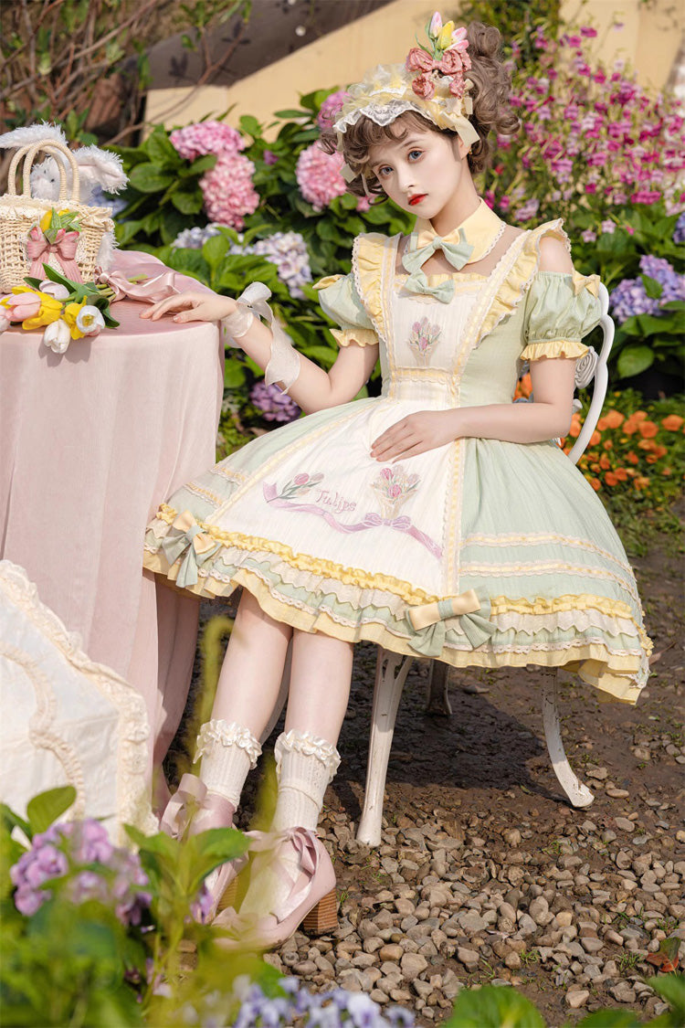 Green Tulip Print Short-Sleeve Ruffle Bow Sweet Lolita Dress